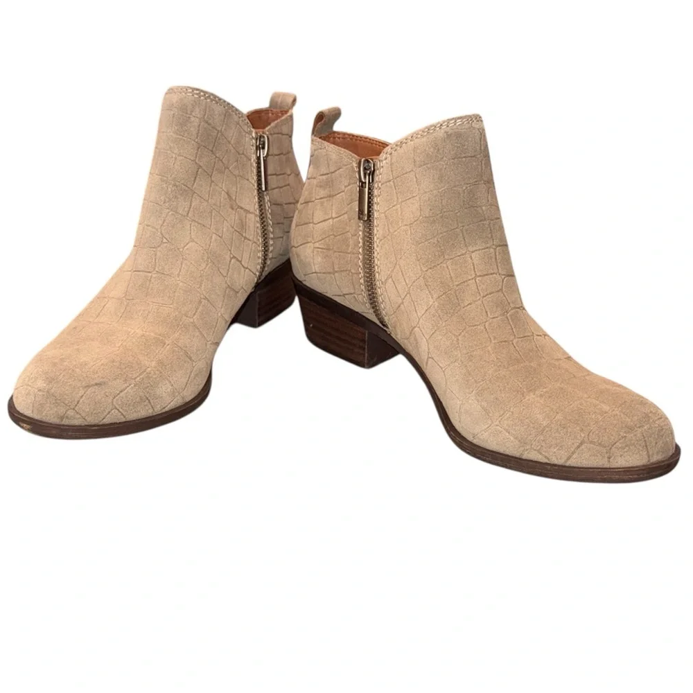 Lucky Brand® Basel Bootie Stonerock Crocodile Suede Double Zippers Stacked Heel - Picture 1 of 9